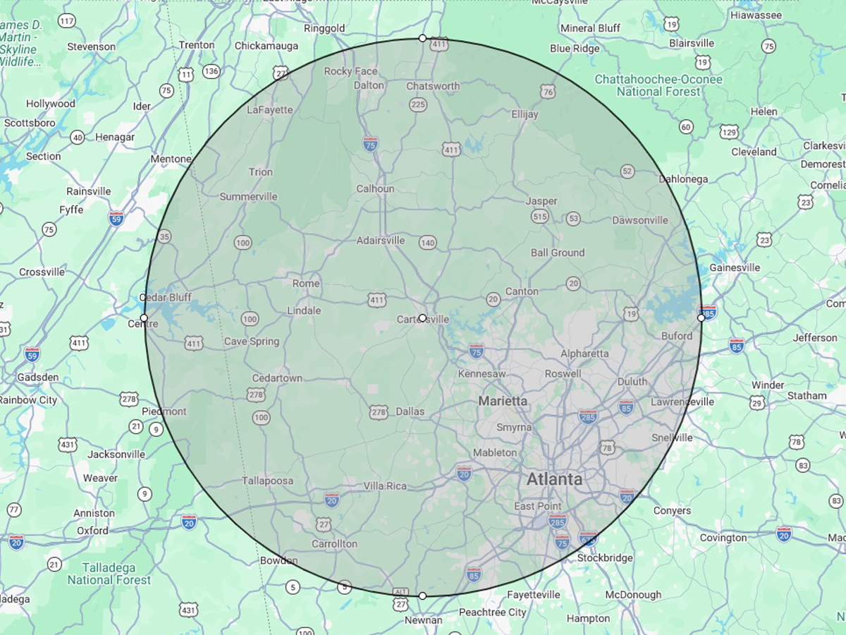 Highland Property Services service area map covering Cartersville and Northwest Georgia
